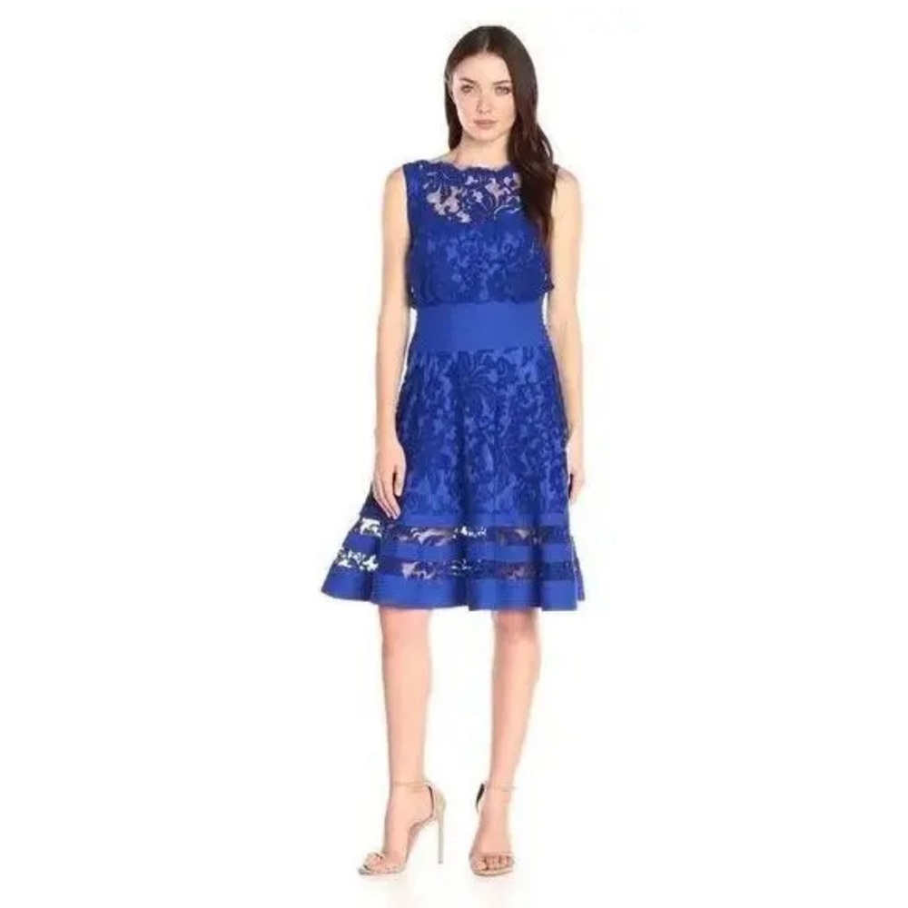 Tadashi Shoji Royal Blue Embroidery Lace Fit Flare‎ Blouson Dress 10Petite